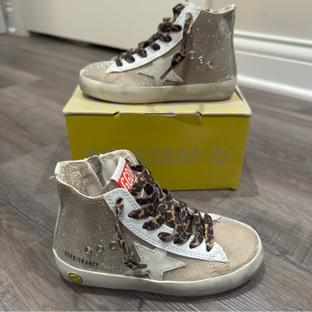 Golden Goose Francy Checkered Glitter Upper Leopard Print Laces High Top Sneaker
